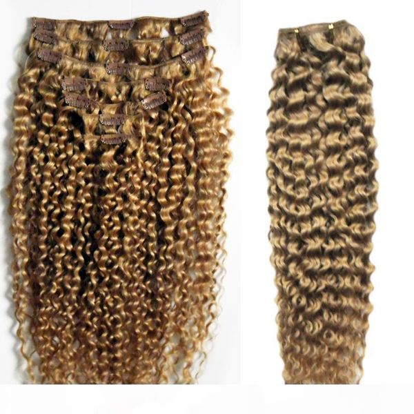 

brazilian virgin hair honey blonde african american kinky curly clip in hair extensions 100g 7pcs clip in human hair extensions, Black;brown