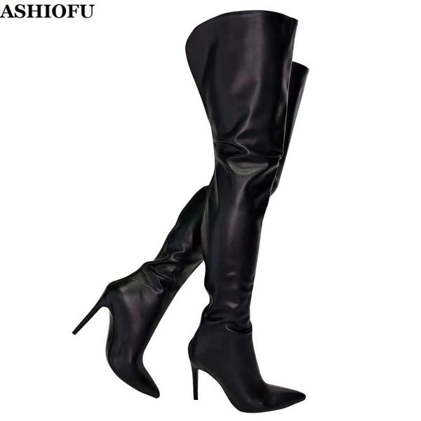 

ashiofu handmade womens thigh high boots real-pics party prom over knee boots evening club fashion winter high heel, Black