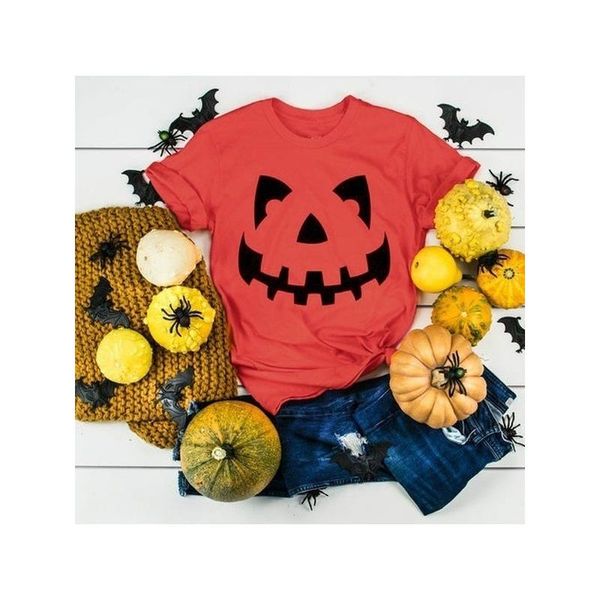 

neck sweet smlie pumpkin women printed face t-shirt round short-sleeve halloween qhcbo, Black