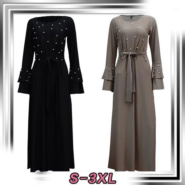 

european and american muslim multilayer trumpet sleeve fashion beaded tie slim long sleeve dress 60511, Red