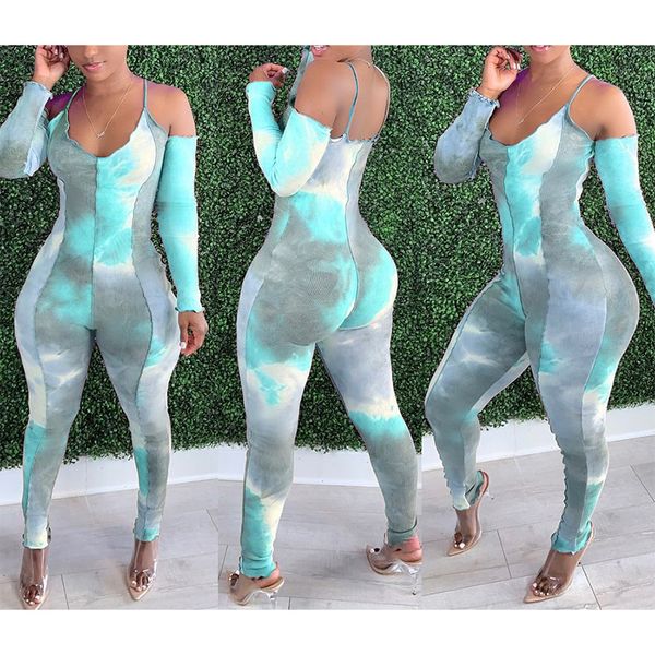 

tie-dye printed deep v-neck sling long-sleeved jumpsuit women, Black;white