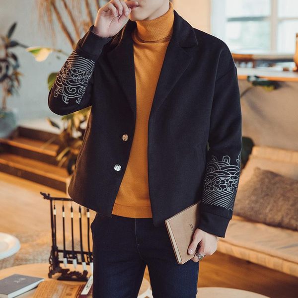 

2020 осень и зима мужчины в китайском стиле забортной tianya вышитые короткие шерстяные пальто мужские повседневный откидной воротник пальто, Black