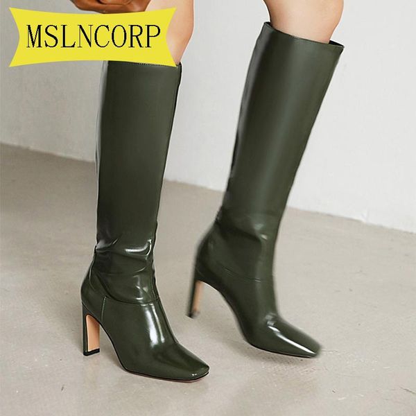 

plus size 34-48 knee high boots mid-calf heels women winter shoes fashion boots elegant long female pointed toe leather, Black