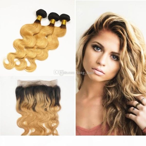 

ombre #1b 27 hair bundles with 360 lace band frontal dark root strawberry blonde body wave virgin hair extension with lace frontal closure, Black