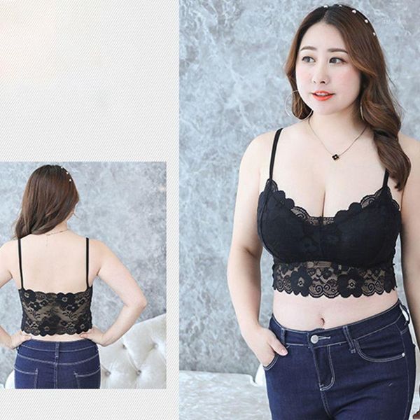 

womens plus size deep v-neck crop seamless scalloped sheer floral lace bralette padded wireless underwear vest xl-3xl1, Black;white
