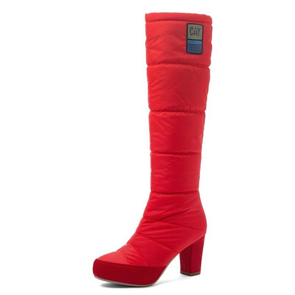 

thick-heeled down fabric warm snow boots waterproof platform blue casual knee-length boots red winter ladies shoes, Black