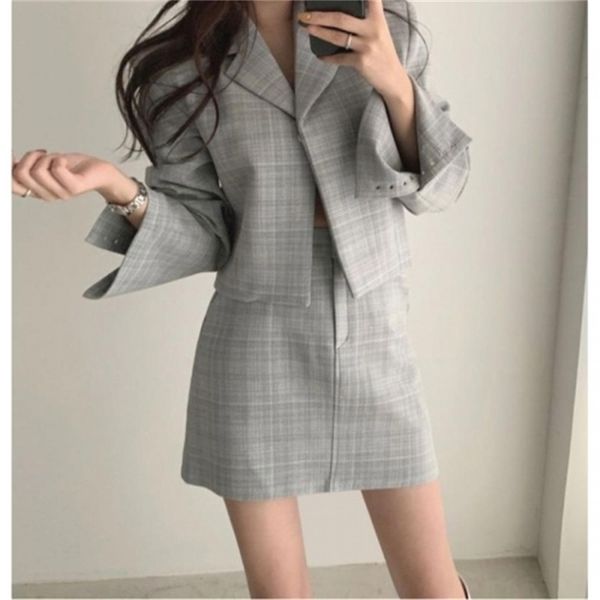 

2021 new 2021 spring new temperament short jacket + high waist skirt fashion two-piece suit women 5qd6, Gray