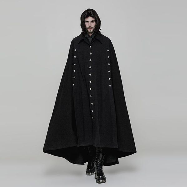 

autumn winter vintage retro gothic mens wool cape long loose coat male goth cloak trench punk halloween overcoat shawl outerwear, Black