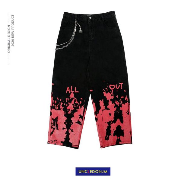 

men's jeans uncledonjm flame fashion chain decoration wide leg pants street trend loose denim ad-n6006, Blue