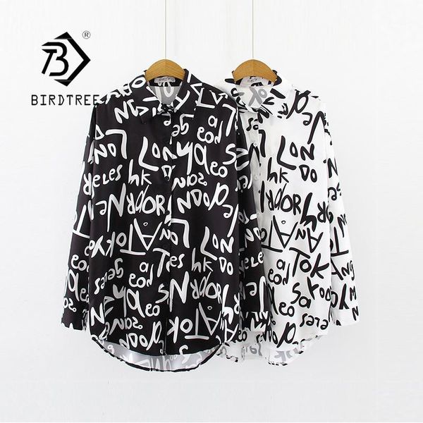 

new arrival letter print turn-down collar ovesize long chiffon blouse button up casual chic black shirt feminina blusa t99021f1, White