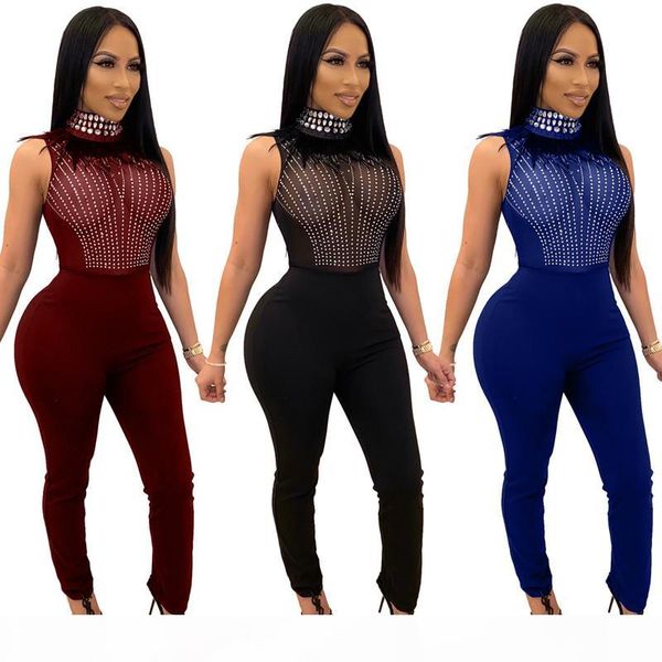 

women panelled jumpsuits & rompers sleeveless club rhinestone fall winter clothing leggings bodysuits solid color elegant stylish 2414, Black;white