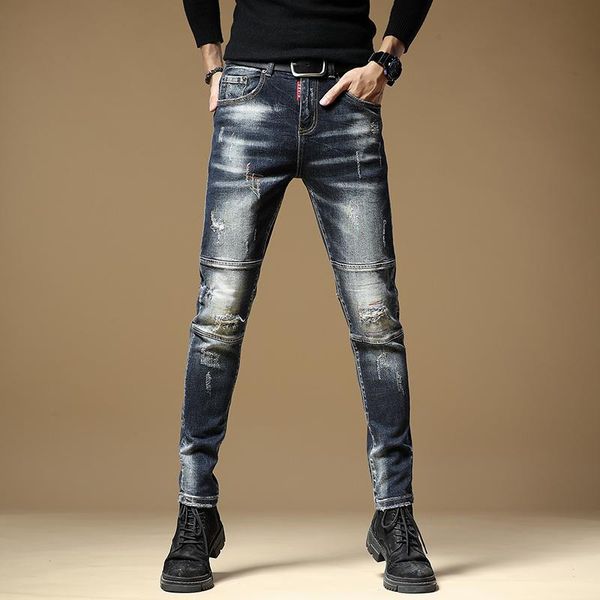 

italian style fashion men jeans retro blue slim fit elastic ripped jeans men punk pants spliced designer hip hop homme