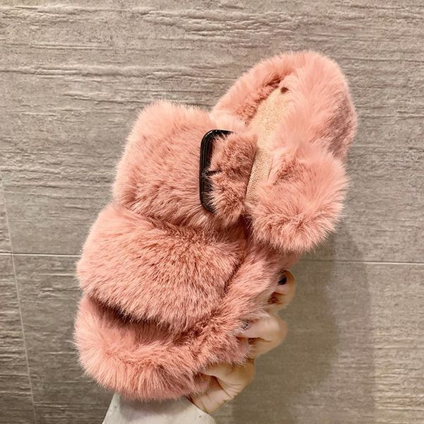 

2020 winter women house furry slippers comfortable flat heel fur warm shoes ladies slip on slides female home plush women shoes, Black