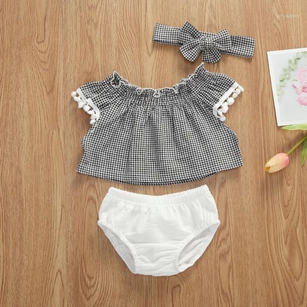 

clothing sets 2021 born infant baby girls boys clothes 3pcs plaid print ruffles sleeve t shirts +shorts+headband1, White