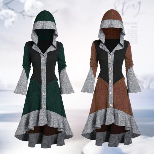 

hooded irregular hem casual large swing contrast color high waist dating cotton blend flare sleeve women dress button split, Black;gray