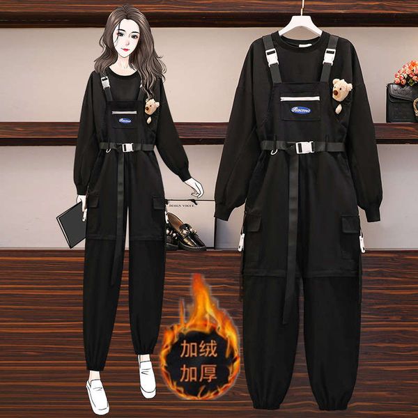 

large size women's autumn winter 2020 new fat sister's foreign style thin and cashmere sweater suspenders two piece set, Black