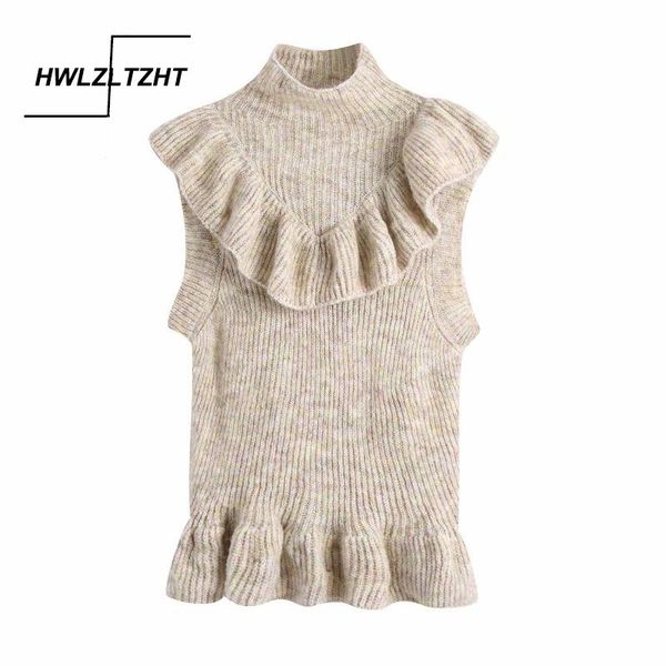 

hwlzltzht 2020 мода жилет для женщин ruffled вязаная жилет свитер vintage high neck рукавов женский жилет шикарные tops, Black;white