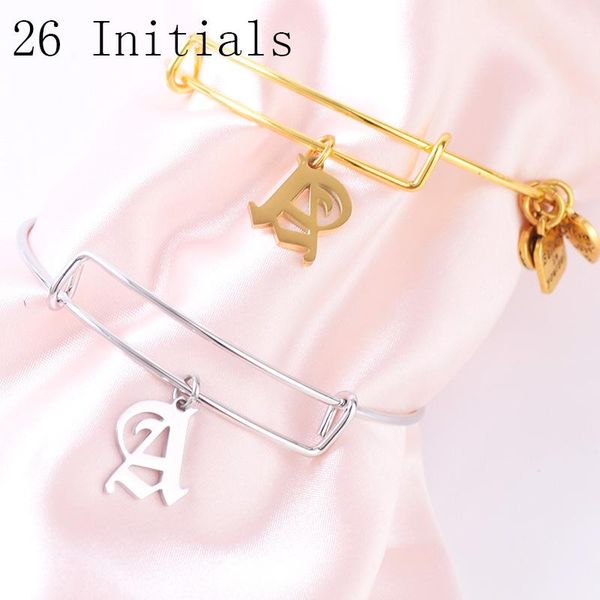 

bangle gothic old english stainless steel initial bracelet gold a-z letter alphabet charm adjustable expandable, Black