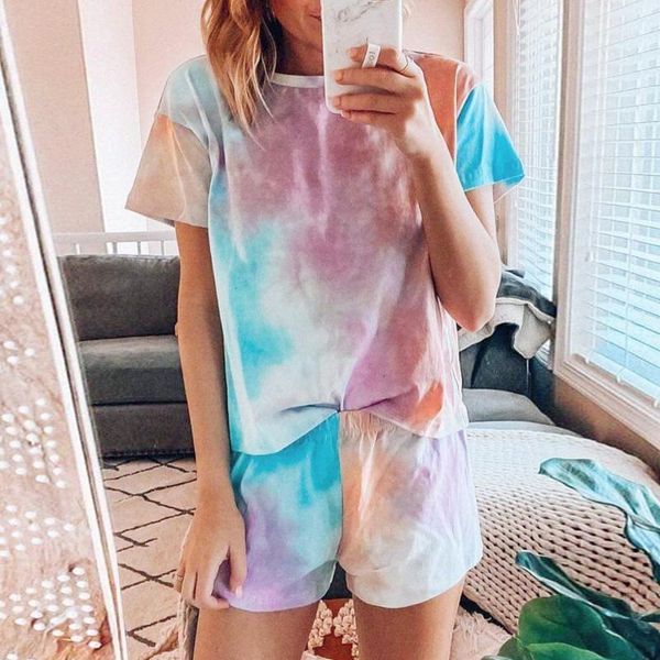 

summer women tie dye and shorts print two pieces casual female sets short sleeve t-shirt sports suits plus size pullover1, Gray