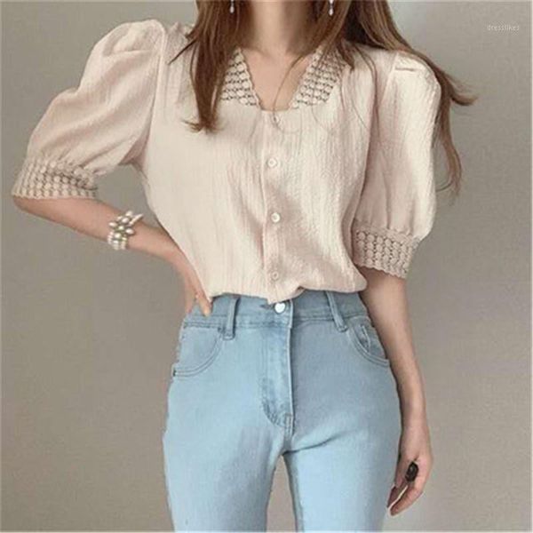 

women's blouses & shirts 2021 arrivals chic fashion elegant asweet girl single breasted v-nreck puff sleeves lace up fresh sweet shirts, White