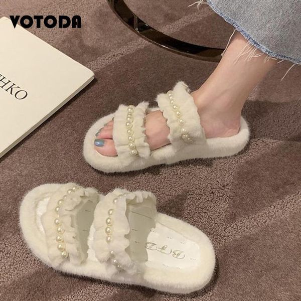 

slippers winter furry pearl fluffy faux fur slides fashion outdoor flip flops women warm non-slip lady cute shoe, Black