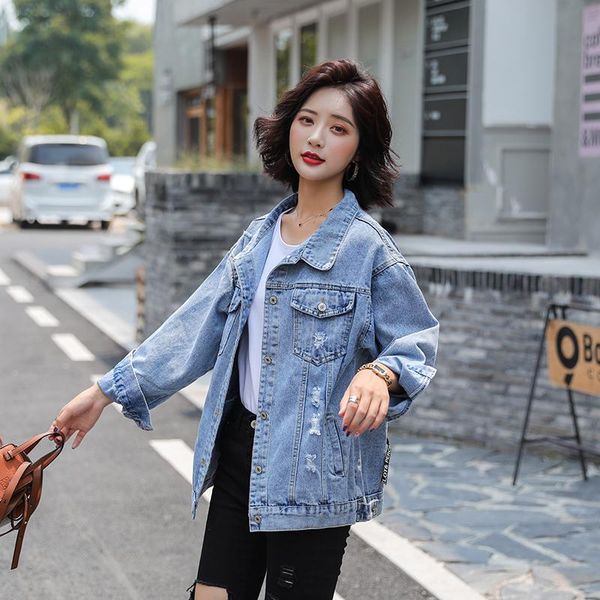 

women's jackets 2021 spring women denim jacket coat beaded printed coats female loose frayed, Black;brown