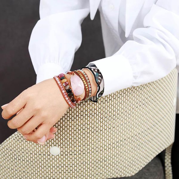 

native inspired бисер кожаный браслет турмалин розовый кварц 5 пряди woven wrap браслеты bohemian браслет dropship jllzje ffshop2001, Golden;silver