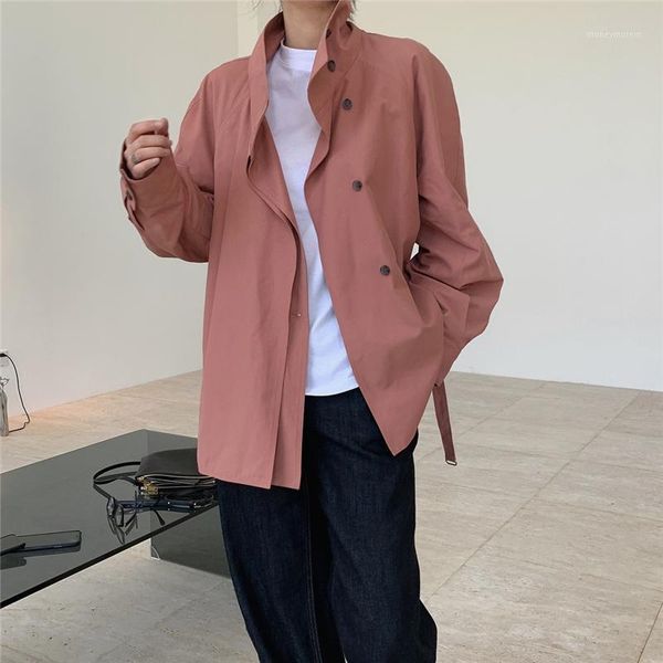 

women's trench coats fashion design sense collar windshield spring and autumn two-door loose-fitting waist casual short coat girl1, Tan;black