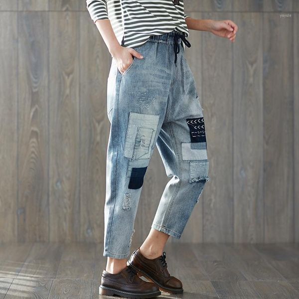 

spring new boyfriend jeans harem pants women trousers 2018 vintage loose patch ripped denim pants high waist casual jeans xxl1, Blue