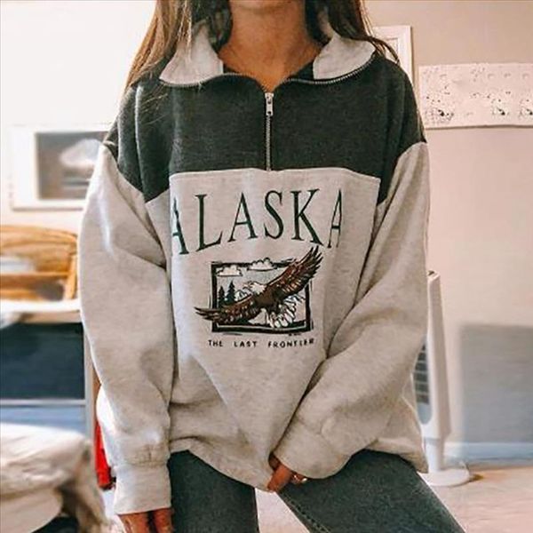 

korea style fashion hoodies womens stand collar half zipper printing long sleeve sweatshirts vintage casual loose sweatshirt, Black