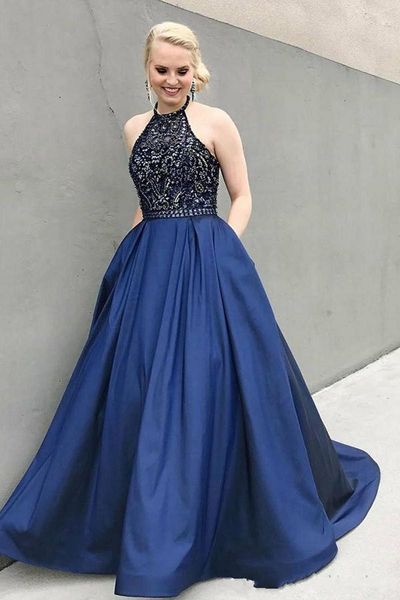

luxury crystals beads navy blue halter prom dresses new selling custom satin a-line formal evening dress party gowns1, White;black