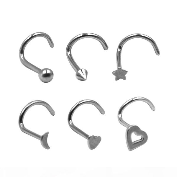 

60pieces stainless steel nose screw piercing nose stud rings body jewelry retainers assorted ball spike moon heart star shapes, Silver