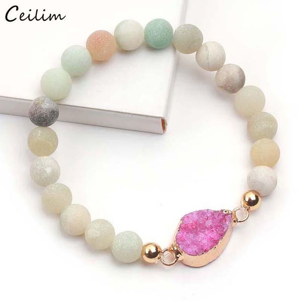 

2020 natural stone resin druzy crystal charm bracelets women elastic handmade colorful bead strand bracelet bangle yoga jewelry, Black