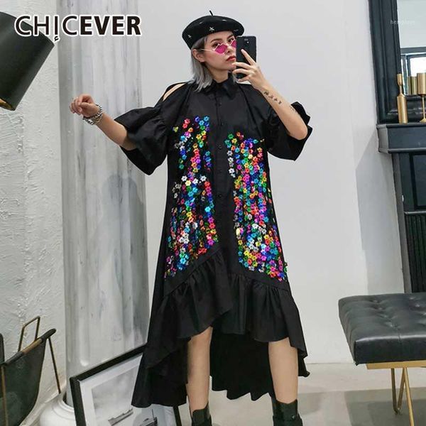 

chicever patchwork sequined hit color dress female lapel collar flare sleeve oversize loose asymmetric midi dresses women 20201, Black;gray