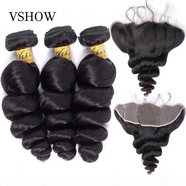 

vshow brazilian loose wave 3 bundles with closure 13x4 frontal 100% human hair weave bundles with frontal remy hair extensions, Black