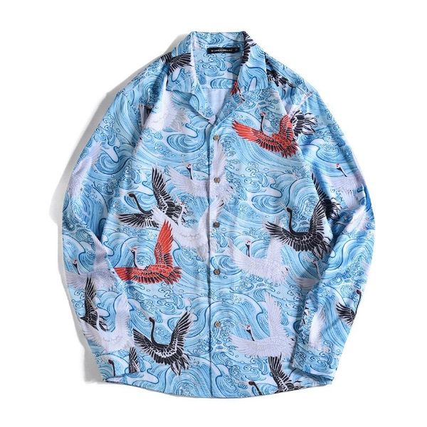 

Loose Leisure Vacation Couple Wear Red-crowned Crane Printing Long-sleeved Shirt Size XL, White