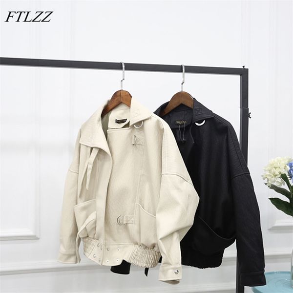 

ftlzz new fashion street faux leather jacket women casual loose batwing sleeve washed pu leather coat biker jackets lj201127, Black