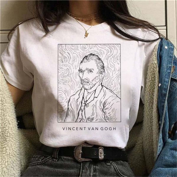 

maycaur harajuku fun black and white drawing van gogh printing short-sleeved t-shirt large size loose o-neck casual female shirt