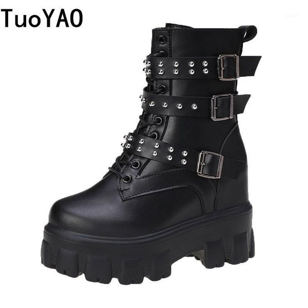 

boots autumn height increasing buckle rivet british punk style women 2021 winter ladies 11cm mid-calf equestrian1, Black
