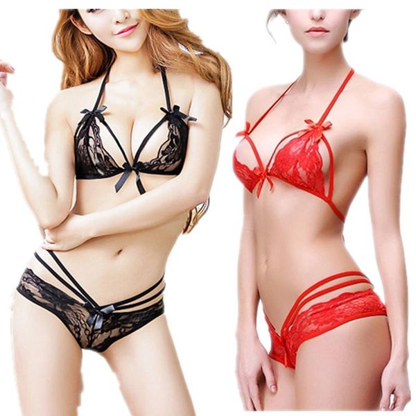 

lingerie set exotic apparel lace bra + t pants women lingerie sets hollow bra set slip underwear sexiest underwear, Red;black