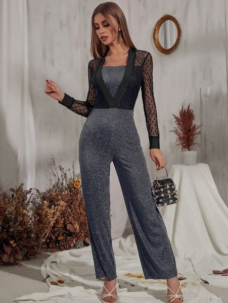 

contrast mesh glitter jumpsuit o7z0#, White