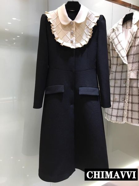 

2020 new ladies fashion doll collar slim long sleeve ruffle stitching rhinestone button long wool coat elegant trench dress1, Black