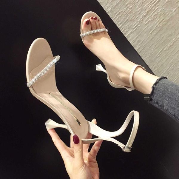 

rhinestone 2020 summer round head high heel shoes manufacturer direct selling slim heel non-slip single strap sandals list1, Black