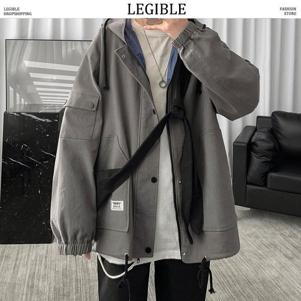 

legible 2020 solid color jackets mens big pockets korean casual loose cargo jackets mens hooded windbreaker1, Black;brown