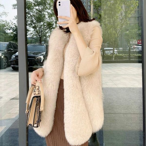 

women's fur & faux coat artificial sleeveless jacket women winter 2021 warm vests leather female oversize overcoat, Black