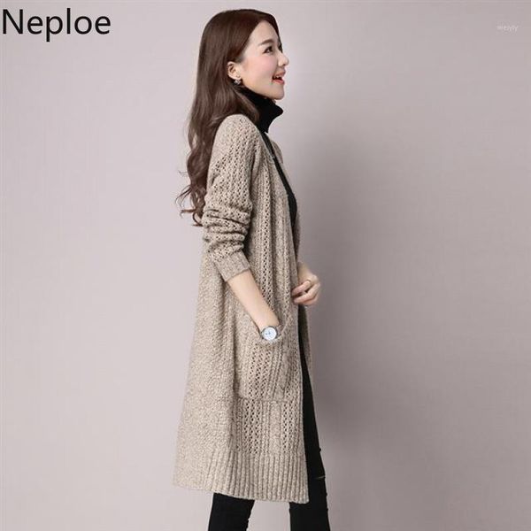 

neploe medium-long cardigan sweater women hollow out knit open stitch v-neck long sleeve pocket jumper plus size 546861, White