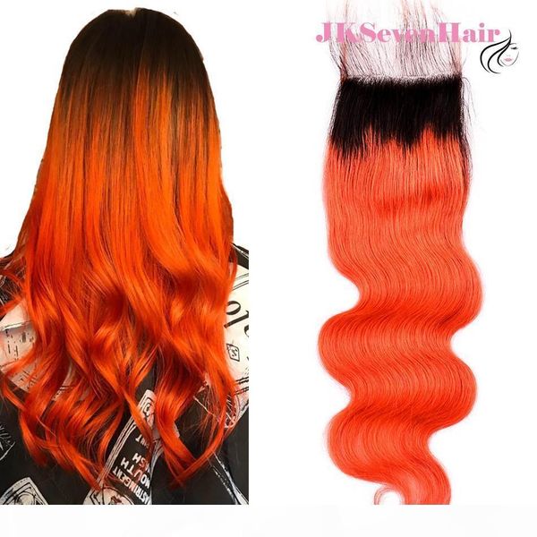 

1b orange brazilian virgin hair body wave 4x4inch lace closure dark root orange peruvian indian malaysian middle three parts closure, Black