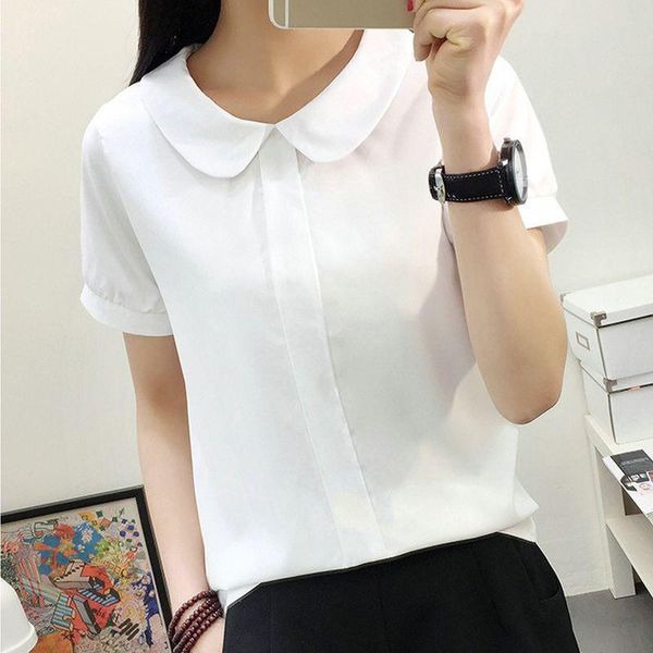 

women summer white blouse sweet chiffon short sleeve lady peter pan collar female white shirt