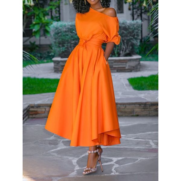 2021 Casual Lange Frauen Kleid Sommer Eine Schulter Sexy Straße Reise Hohe Taille Robe Damen Große Schaukel Abend Elegante Tag orange Y0118