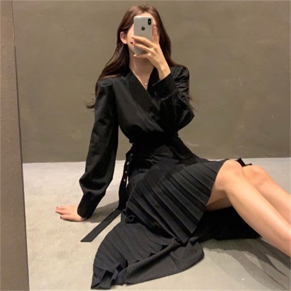 

2021 new 2021 new korean chic retro slim temperament fashion pleated shirt stitching long sleeve dress female kj0i, Black;gray